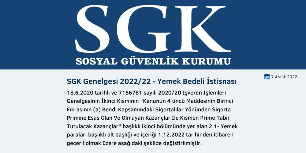 SGK Genelgesi 2022/22 - Yemek Bedeli İstisnası